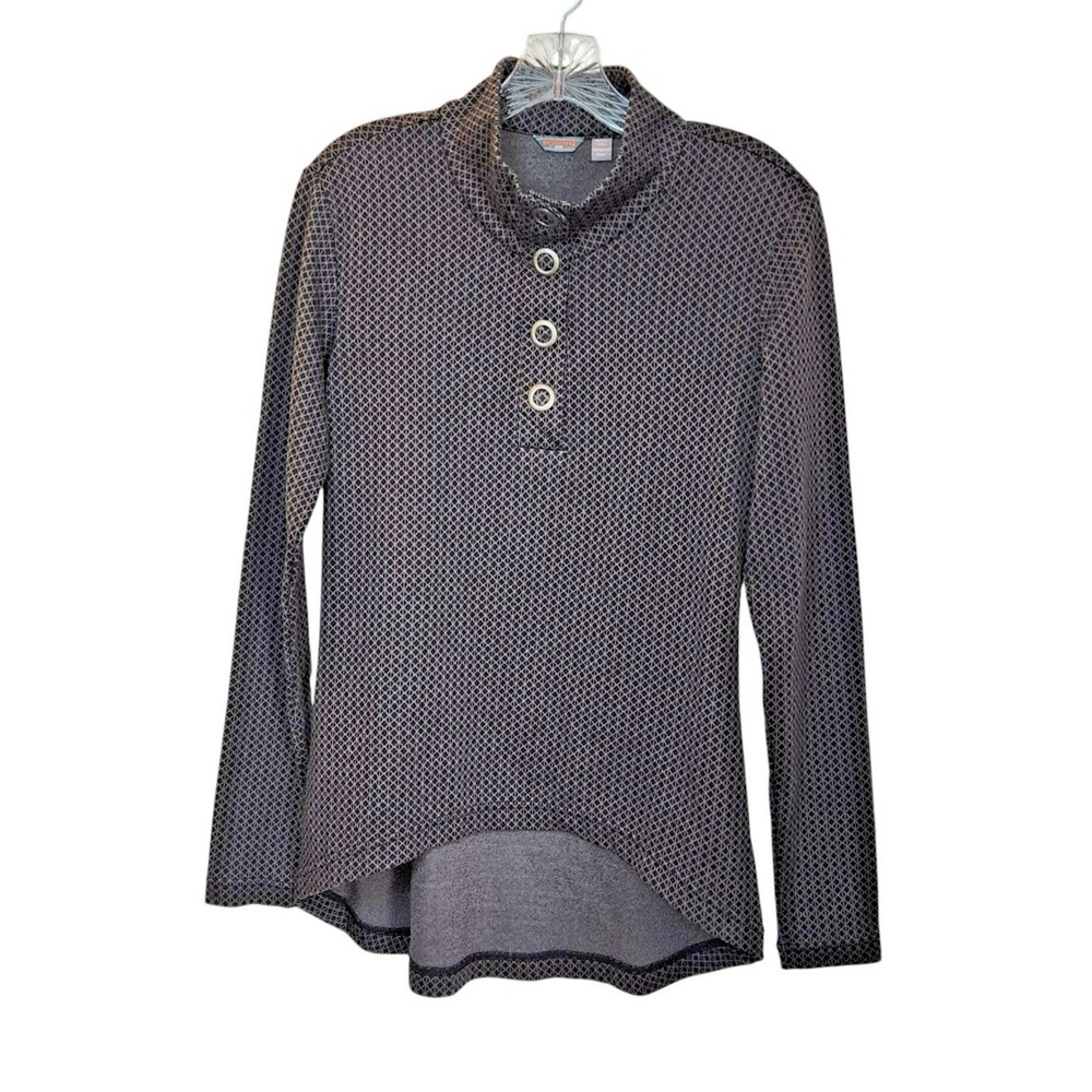 Merrell Womens M Black Gray Geo Knit Cowl Neck Pullover Top High Low Hem Stretch